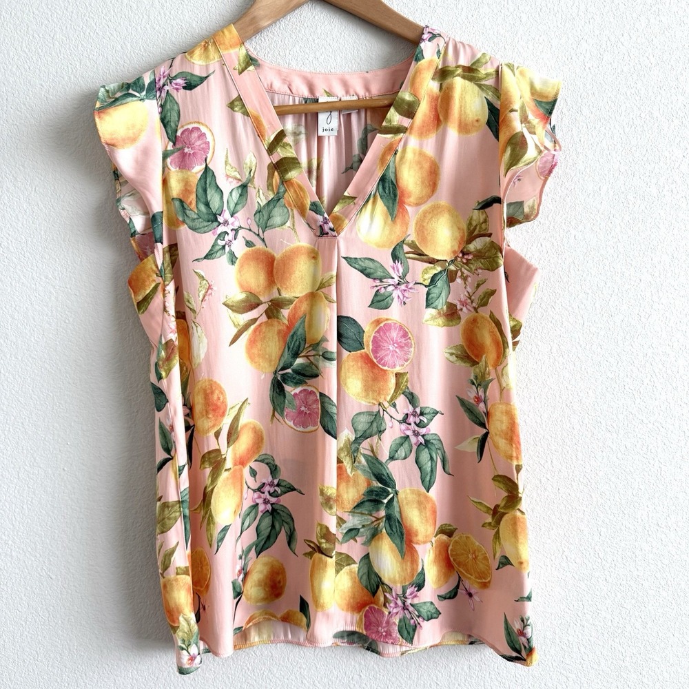 Joie Fruit Print Blouse Womens Medium Short Sleeve Ruffle Travel Spring Vacation